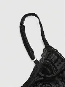 ROMWE Goth 女式复古花卉植绒拼布流苏下摆吊带裙 - 黑色 - 查看 5