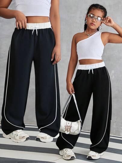 Tween Girl Casual All-Match Street Sports Versatile Black & White Contrast Trim Loose Wide Leg Pants,Holiday,Summer,Travel