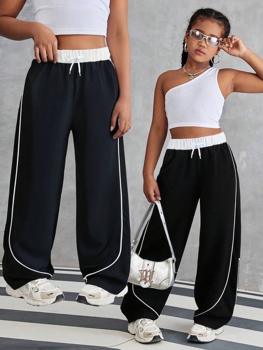 Sparklyn Tween Girl Casual All-Match Street Sports Versatile Black & White Contrast Trim Loose Wide Leg Pants,Holiday,Summer,Travel - Black - View 1