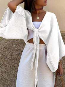 INAWLY Camisa feminina sólida com decote em V profundo e torção frontal, manga comprida, cortada, sexy - Branco - Ver 3