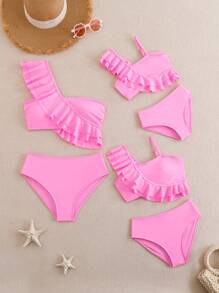 Girls Magenta Color Swimwear Set, Tween Girl Sportswear, One Shoulder Ruffle Swimwear, Beach Resort Two Pieces Swimwear