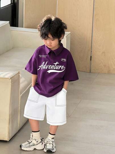 SHEIN 2pcs/Set Young Boys Casual, Comfortable Daily Wear, Korean & Japanese Style, Simple & Fashionable Letter Print Short Sleeve Polo Shirt And Pocket Shorts Set, Suitable For Spring & Summer Seasons, Daily Wear, Sports, Outings, School, Parties, Events, Photo Shoots, Back-To-School