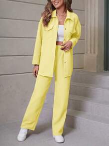 SHEIN LUNE 女士休闲纯色长袖衬衫和长裤 2 件套 - 黃色 - 查看 6