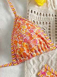 SHEIN Women Random Print Halter Spaghetti Strap Camisole And High Cut Bikini Set, Beach Vacation Outfits For Summer - Multicolor - View 3