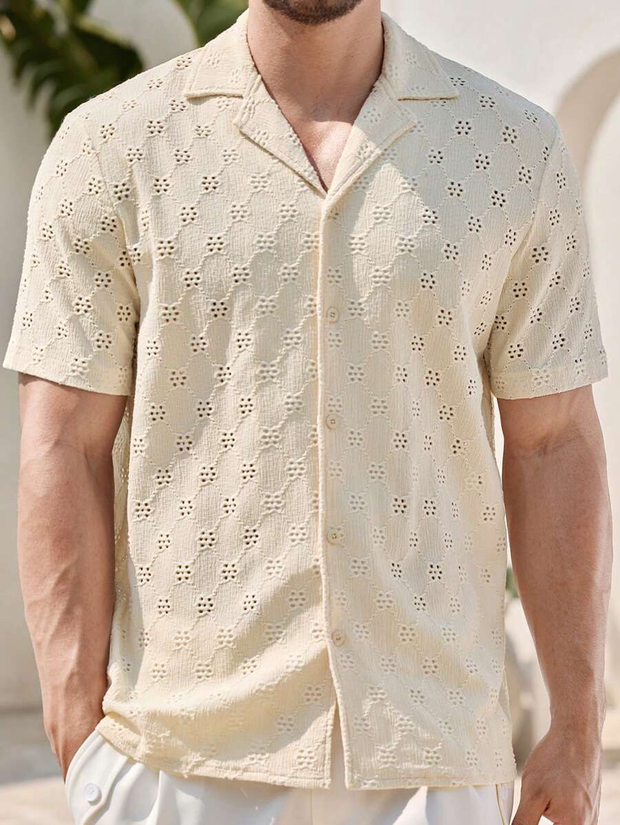 Manfinity RelaxMax 男士度假休闲纯色镂空刺绣衬衫男夏季衬衣男