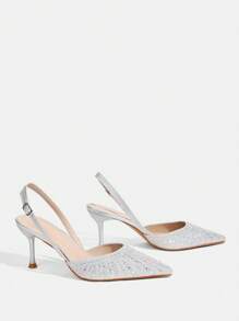 CUCCOO TILAWA Women's Silver Pointed Toe Mid Heel Rhinestone Decorated Closed Toe Sandals, Sexy Evening Party High Heels For Christmas - Silver - View 6