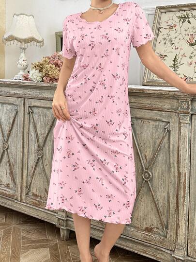 CottageSlumber Bloemen Print Ribbed Relaxed Fit Short Sleeve Hem Rolled Nightgown Babydoll Perfect Moo Bountiful Splendor Cozy Elegante view 7