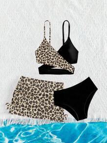 SHEIN Girls Leopard Print Tankini Swimsuit, Top And Bottom Bikini With Sarong Skirt, Fashionable Swimwear Set - Multicolor - View 4