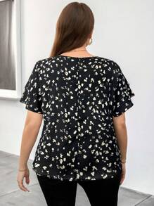 Reflora Elegant Plus Size Round Neck Loose Shirt With Geometric Polka Dot Print & Layered Sleeve - Black - View 2