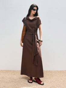 LYSMO 2025 Neuankömmling Damen langes braunes Kleid mit Volantärmeln, Taillenband und Rückenschlitz, Lässig Urlaub, Landhausstil