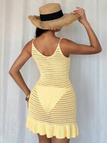 Breezaya Women Hollow Out Spaghetti Strap V-Neck Ruffle Hem Sweater Dress - Yellow - View 2