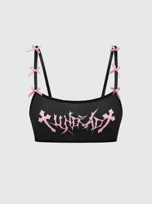 ROMWE Gothic Romantic Skeleton Gothic Font Spaghetti Strap Bow Thong Lingerie Set - Black - View 7