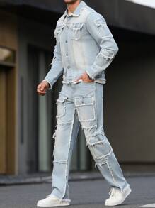 Manfinity LEGND Men's Long Sleeve Frayed Edge Single Breasted Denim Jacket And Cargo Denim Pants Set - Light Wash - View 7