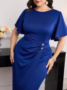 Modelyn Plus Size Women's Solid Color Round Neck Ruffle Short Sleeve Pleated Elegant Dress - Royal Blue - View 1