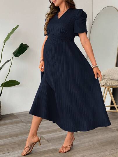 Cheriluna Maternity 孕妇纯色短款泡泡袖优雅束腰中长连衣裙