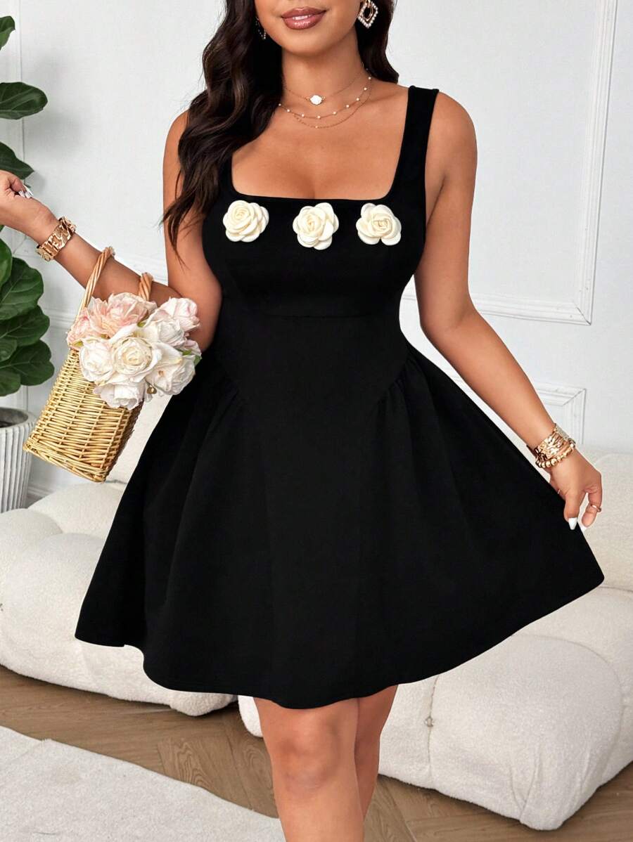 Flirla Plus Size Women Solid Color Camisole Dress, Simple & Fashionable, Suitable For Summer - Black - View 1