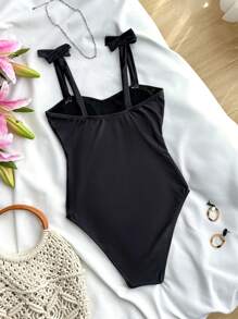 SHEIN 少女欢乐夏日海滩度假沙滩连体泳衣，蝴蝶结肩带和大粉色花卉图案