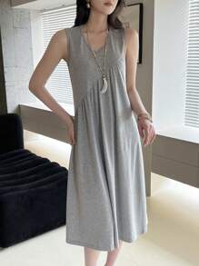 EMERY ROSE 女士夏季休闲纯色无袖连衣裙 - 灰色 - 查看 4
