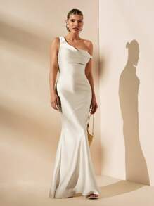 SHEIN BAE Vestido de satén asimétrico con hombro al aire y espalda descubierta, con lazos, estilo minimalista y sexy, apropiado para fiestas, eventos de cóctel, ocasiones formales, vestidos de dama de honor, vestidos de cumpleaños