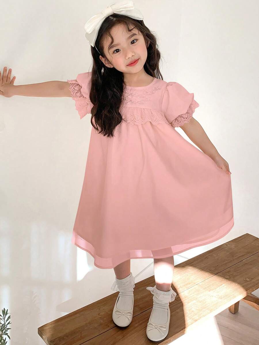 DAZY Spring/Summer Young Girl Embroidered Woven Short Sleeve Dress - Pink - View 1