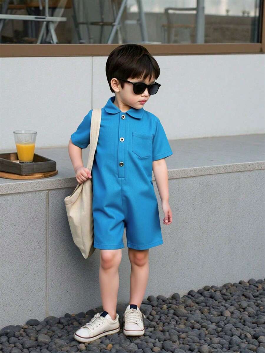 SHEIN 1pc Young Boy Casual Stylish Denim Effect Overall With Short Sleeve Collared Button-Front Shirt, Fashionable & Versatile Summer Outfit - Blue - View 1