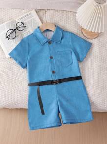 SHEIN 1pc Young Boy Casual Stylish Denim Effect Overall With Short Sleeve Collared Button-Front Shirt, Fashionable & Versatile Summer Outfit - Blue - View 3