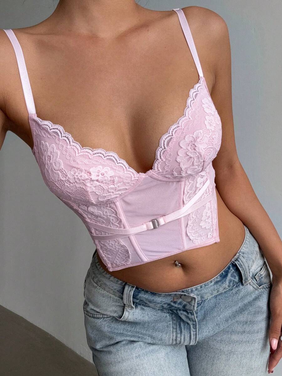 Aloruh Women's Sexy Party Valentine's Day Deep V Lace Patchwork Tight Fitting Cropped Camisole Top - Pink - View 1