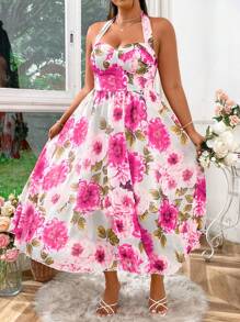 SHEIN Clasi Plus Size Women Floral Print Elegant Halter Neck Dress, Vacation Style - Hot Pink - View 3
