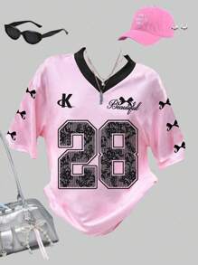 SHEIN Girlism Teen Girl Loose Fit Casual V-Neck Short Sleeve T-Shirt With Ballet Inspired Letter Print, Suitable For Summer