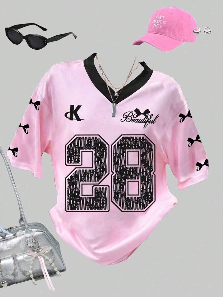 SHEIN Girlism Teen Girl Loose Fit Casual V-Neck Short Sleeve T-Shirt With Ballet Inspired Letter Print, Suitable For Summer