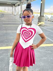 2pcs/Set Tween Girl Heart Print Short Sleeve Top And Pleated Hem Skirt, Casual Outfit