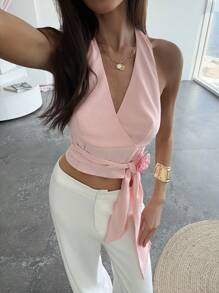 Aloruh Women's Elegant Solid Color 3D Floral Decor Tie-Front Backless Halter Blouse - Pink - View 7