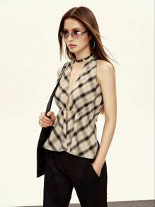 Rina Fox Áo yếm kẻ caro không tay cho nữ, dành cho buổi hòa nhạc đồng quê - Màu Khaki - Xem 1