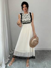 Chiquease Women's Round Neck Chiffon Fabric Contrast Floral Embroidered Tassel Decor Cinched Waist Comfortable Elegant Sweet Vacation Dress - Beige - View 1