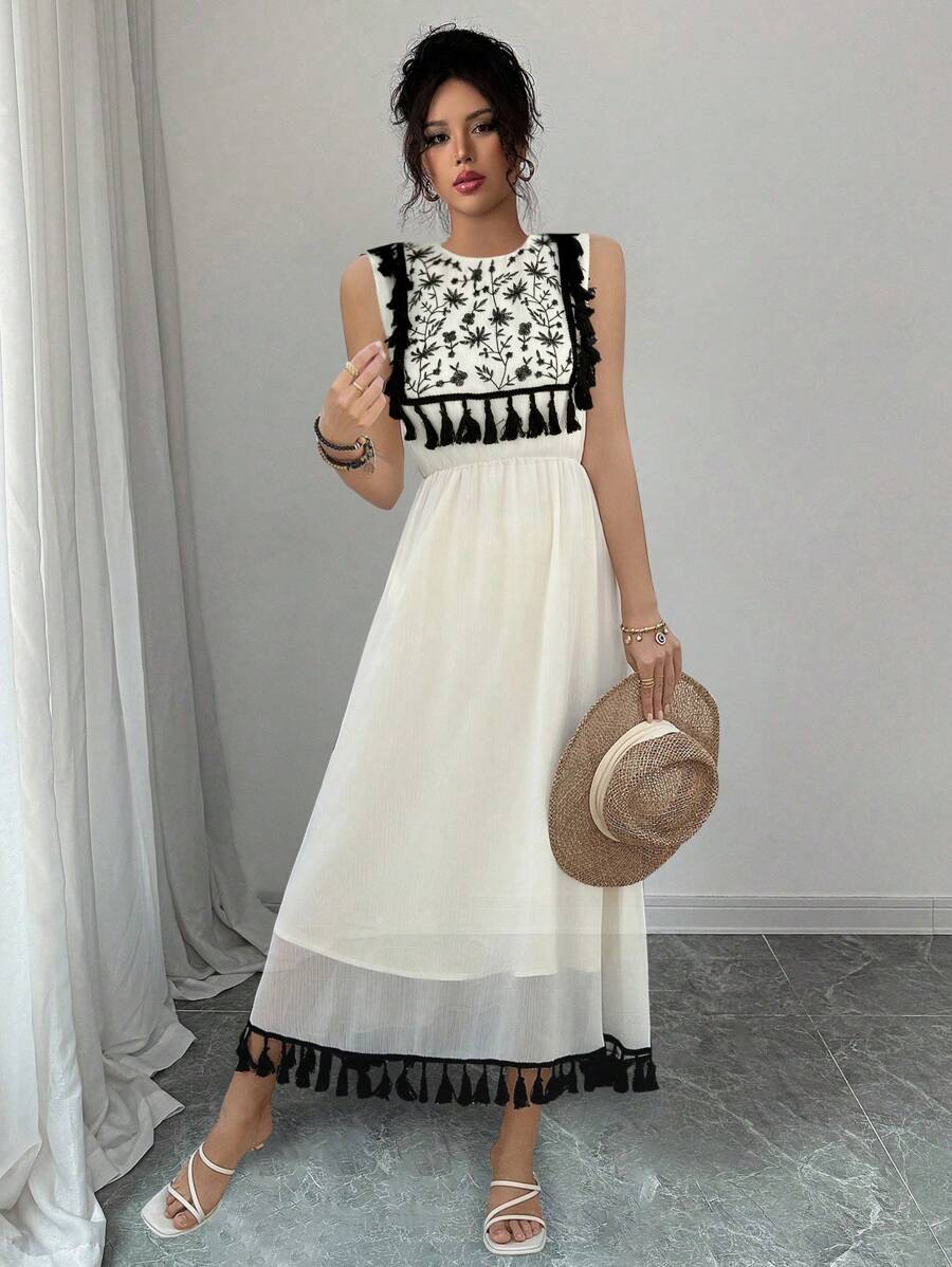 Chiquease Women's Round Neck Chiffon Fabric Contrast Floral Embroidered Tassel Decor Cinched Waist Comfortable Elegant Sweet Vacation Dress - Beige - View 1