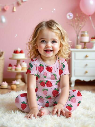 SHEIN Baby Girl Casual Fitted Round Neck Comfortable Short Sleeve Pants Loungewear Set, Snug Fit, Suitable For Spring/Summer