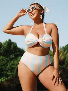 Swim Vcay 大码女式 2 件套花卉条纹扭纹吊带背心搭配高腰三角裤泳衣套装，时尚可爱度假休闲 - 彩色 - 查看 5