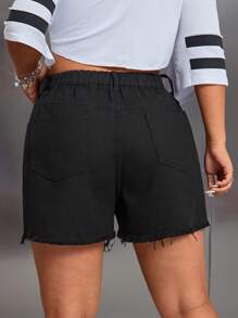 SHEIN ICON Pantalones cortos de jean informales para mujer de talla grande con bolsillos y dobladillo deshilachado