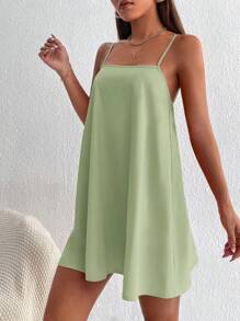 SHEIN PETITE 夏季休閒純色細肩帶迷你洋裝，波希米亞風，適合女性與小個女生的夏季洋裝 - 薄荷綠 - 查看 4