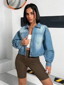 SHEIN Cottnline DENIM CROPPED JACKET WASHED BLUE CASUAL - Medium Wash - View 1