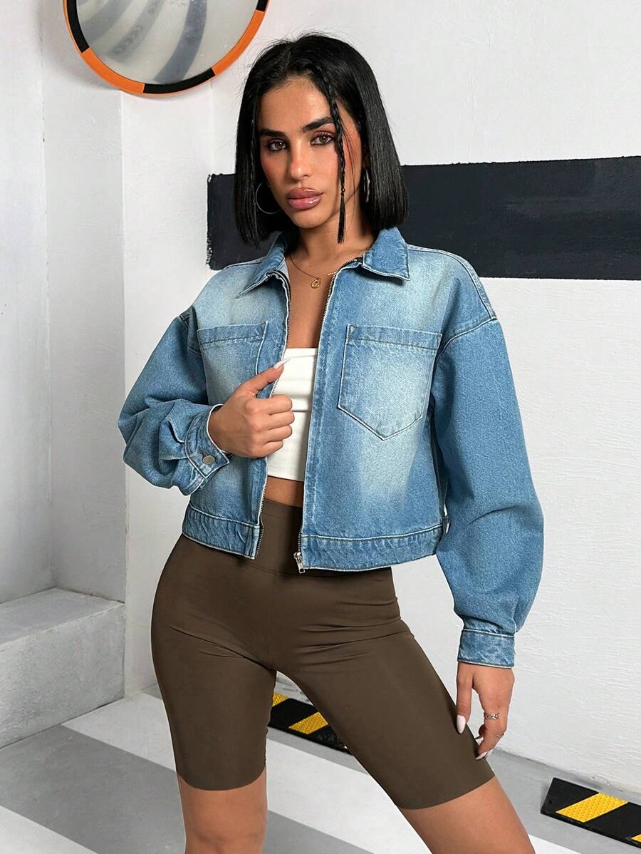 SHEIN Cottnline DENIM CROPPED JACKET WASHED BLUE CASUAL - Medium Wash - View 1