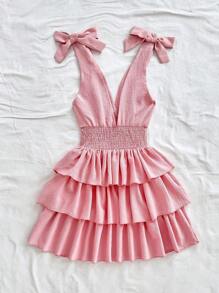 Soleia Women's Vacation Romantic Pink Bubble Wrinkled Fabric V-Neck Tie Shoulder Bow Cinched Waist 3-Layer Ruffle Hem Mini Dress, For Party, Date, Afternoon Tea - Pink - View 2
