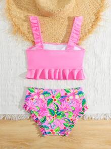 Conjunto de bikini para niña preadolescente con Top de tirantes con volantes y Bottom triangular estampada en unicolor para playa y resort - Rosa Pálido - Ver 2