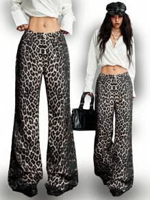SHEIN EZwear Pantaloni a zampa di donna con stampa leopardata in stile streetwear estivo, western, grunge e da cowgirl - Multicolore - Visualizzare 3