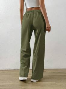 SHEIN EZwear Pantalones holgados de algodón y lino de albaricoque con cintura con cordón y bolsillos en diagonal