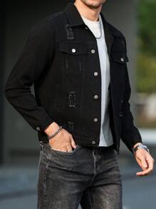 Manfinity LEGND Chaqueta de jean de manga larga con un solo pecho y bordes deshilachados para hombres de talla grande