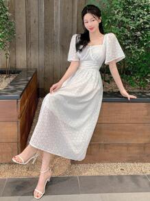 DAZY 夏季女士沙滩裙，收腰法式复古方领刺绣镂空泡泡袖长裙，挤奶女工裙太阳裙 - 白色 - 查看 6
