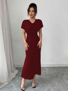 RosyDaze 早春女士优雅浪漫低胸露背系带腰鱼尾连衣裙 - 酒紅色 - 查看 6