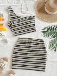 Soleia 2 pezzi/set nuovo top a una spalla a righe lavorato a maglia e gonna a vita bassa da vacanza