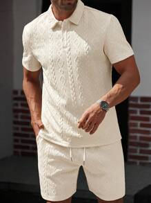 Manfinity Homme Men's Geometric Texture Short Sleeve Polo Shirt & Shorts Casual 2 Pieces Set, Cozy Outfits